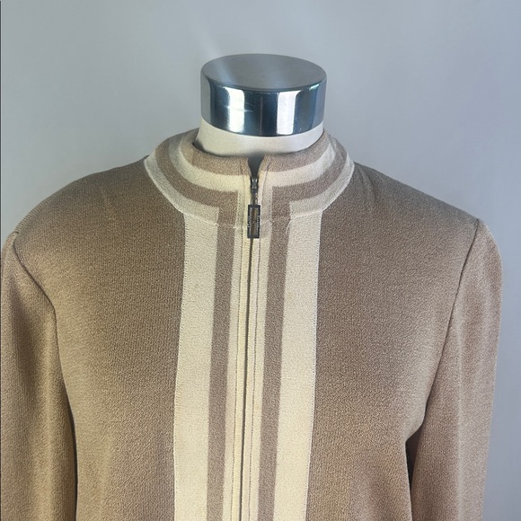 Tan w Wh Trim Zip up Cardigan - Picture 2 of 6